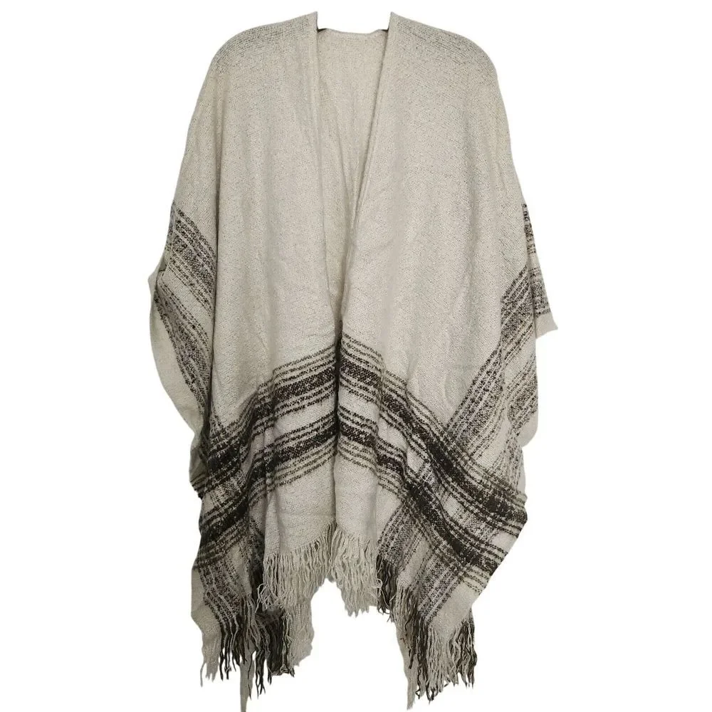 Striped‎ Acrylic Poncho Shawl With Fringe Hem For Women